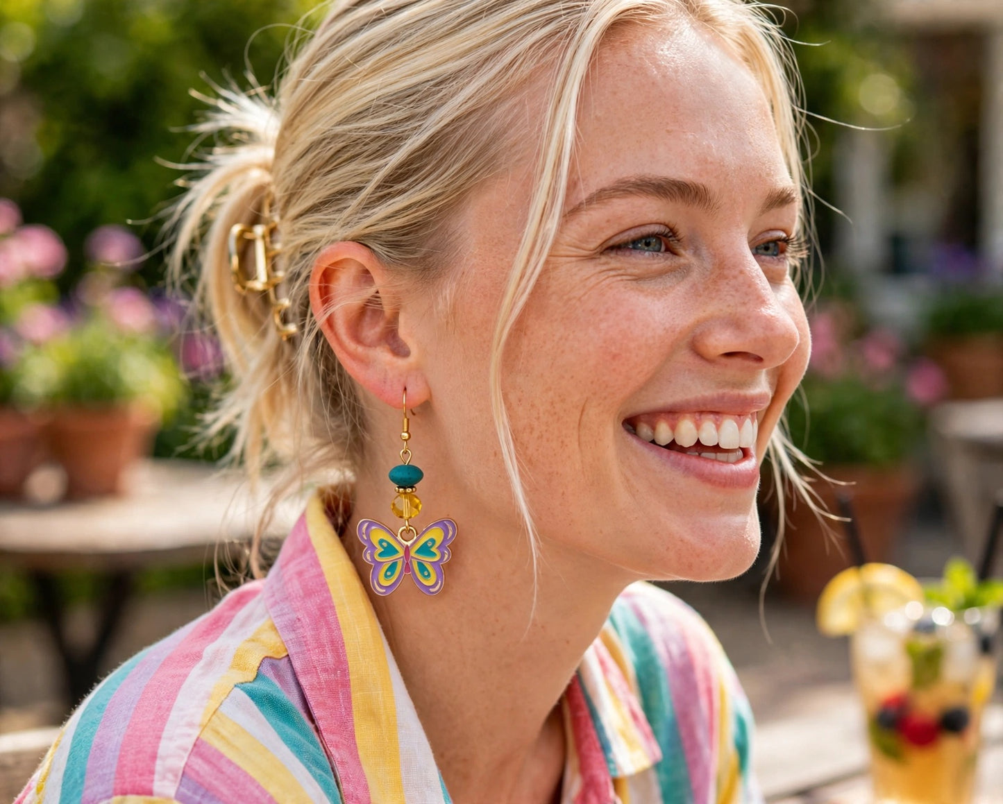Whimsical Springtime Butterflies Enamel Earrings - Bright Dangle Jewelry