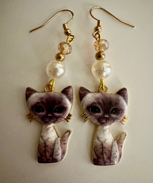 Siamese Cat Pearl Enamel Earrings - Sophisticated Dangle Jewelry