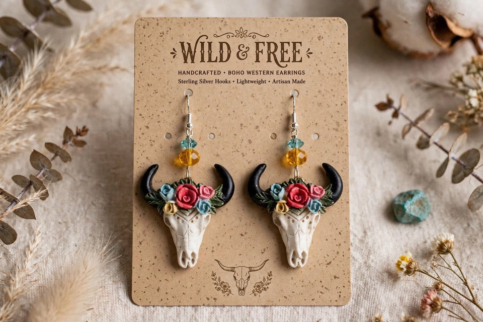 Floral Cow Skull Clay & Resin Earrings - Rustic Dangle Jewelry
