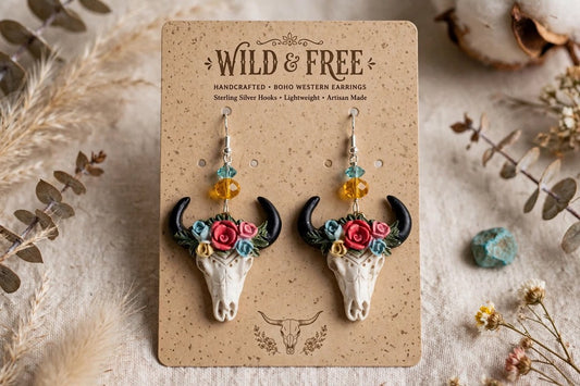 Floral Cow Skull Clay & Resin Earrings - Rustic Dangle Jewelry