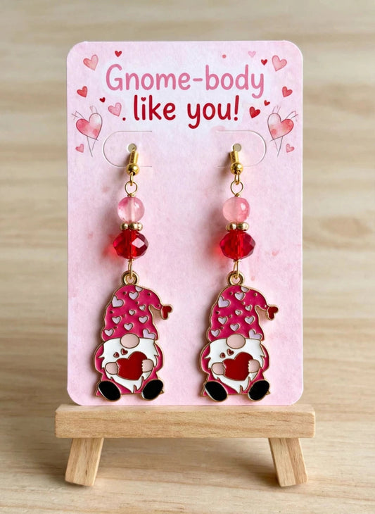 Valentine's Day Themed Gnome Enamel Earrings - Heart Warming Dangle Jewelry