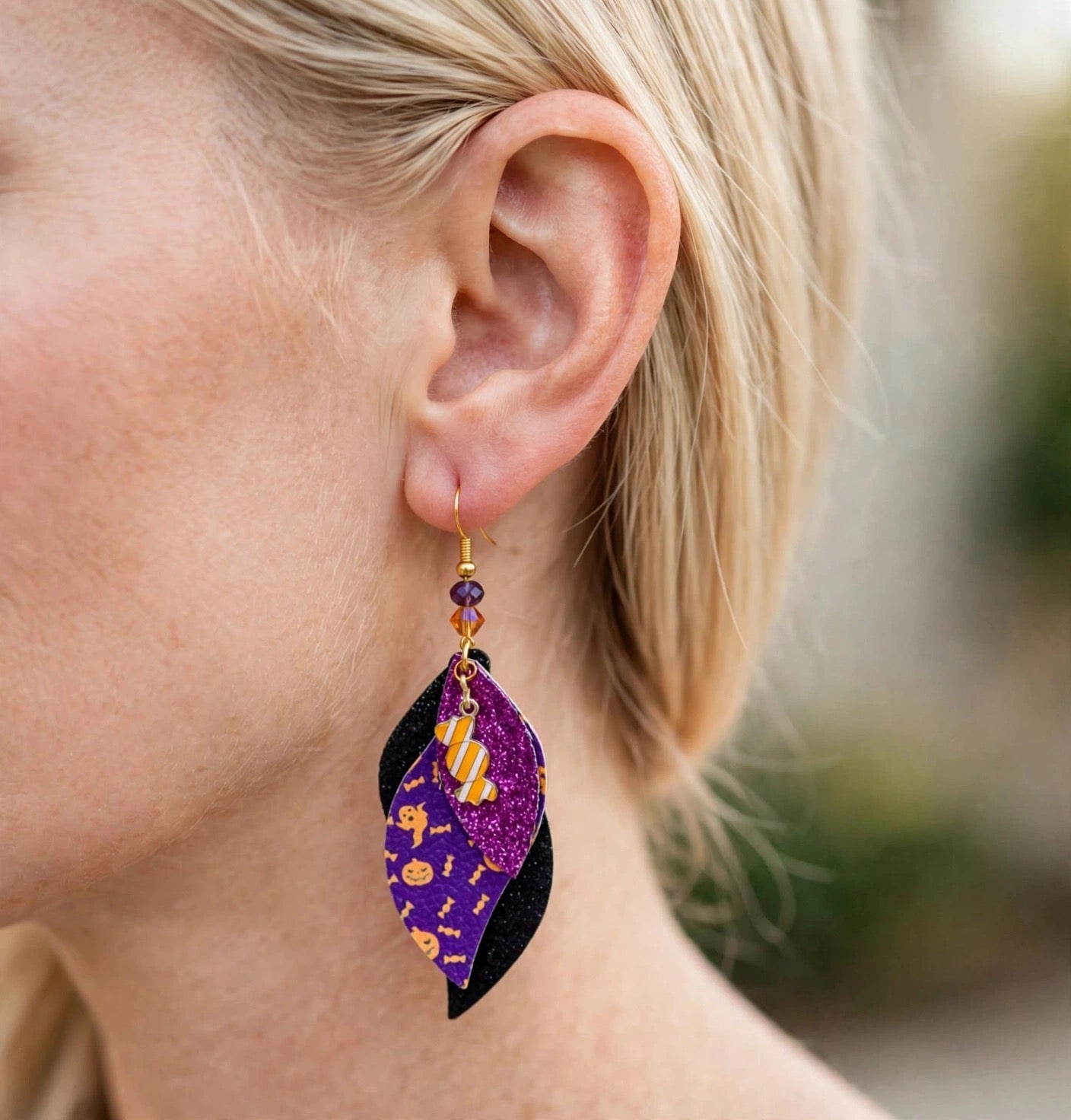 Halloween Candy Faux Leather Enamel Charm Earrings - Spooky Cute Dangle Jewelry