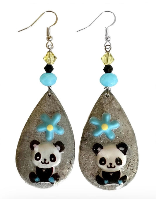 Whimsical Floral Panda Clay & Resin Earrings - Cute Teardrop Jewelry