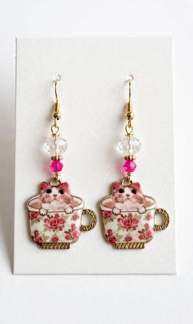 Cute Teacup Kitty Enamel Earrings - Adorable Floral Dangle Jewelry