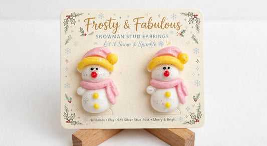 Frosty Pink Snowman Clay & Resin Stud Earrings - Pastel Holiday Jewelry
