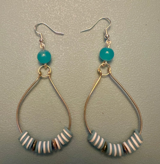 Blue & White Turquoise Beaded Wire Metal Earrings - Fancy Teardrop Jewelry
