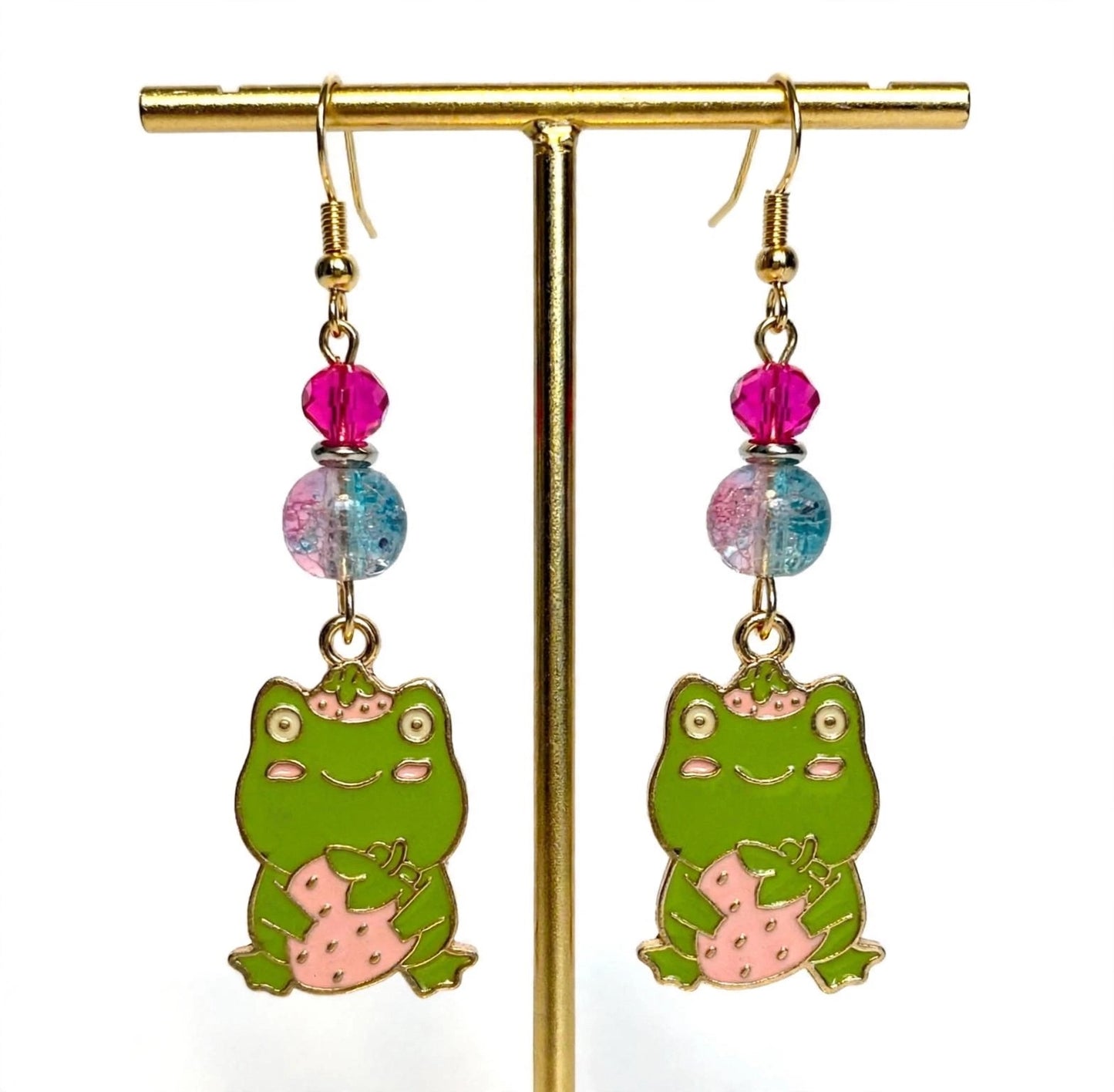 Joyful Frog Strawberry Enamel Earrings - Adorable Dangle Jewelry