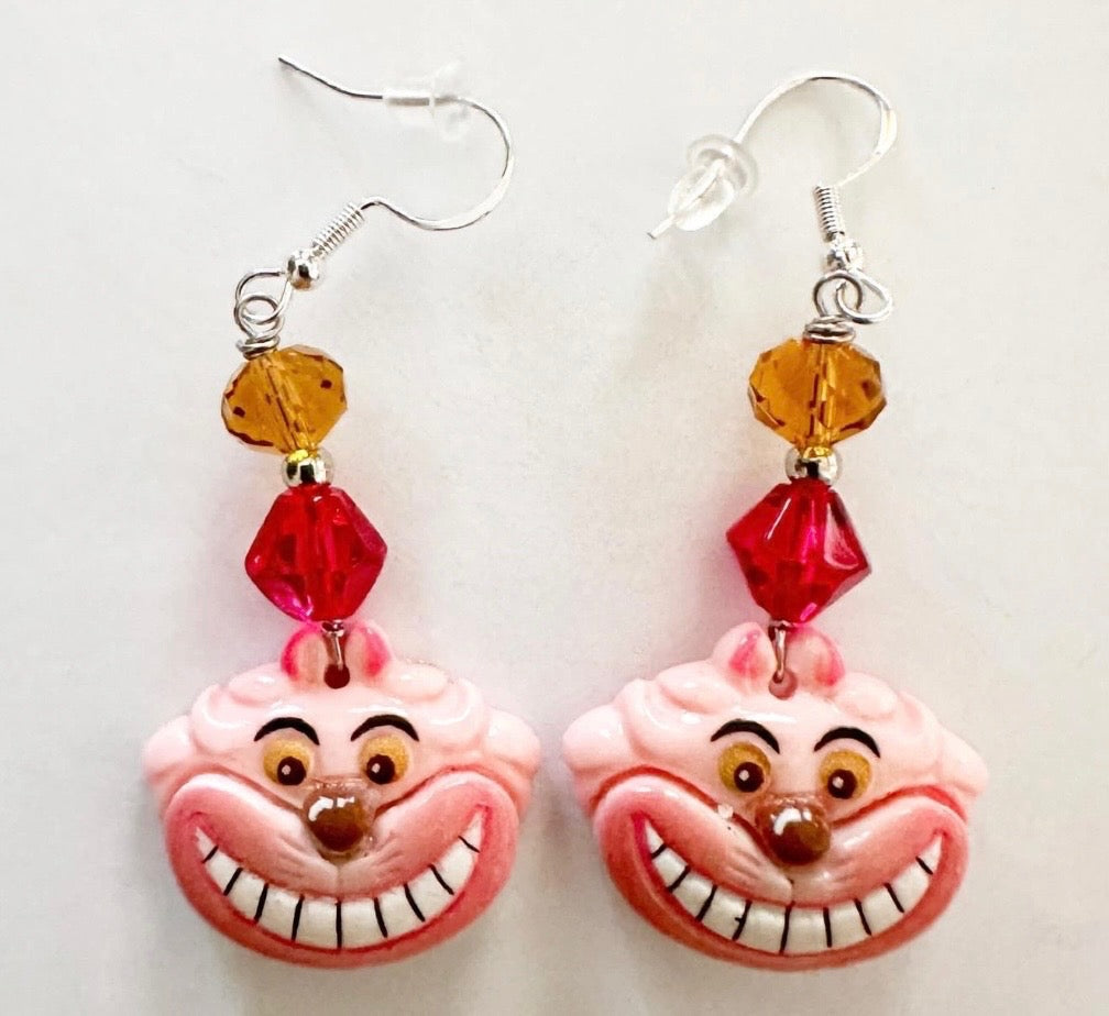 Cheshire Cat Inspired Dangle Clay Resin Earrings - Alice in Wonderland Jewelry