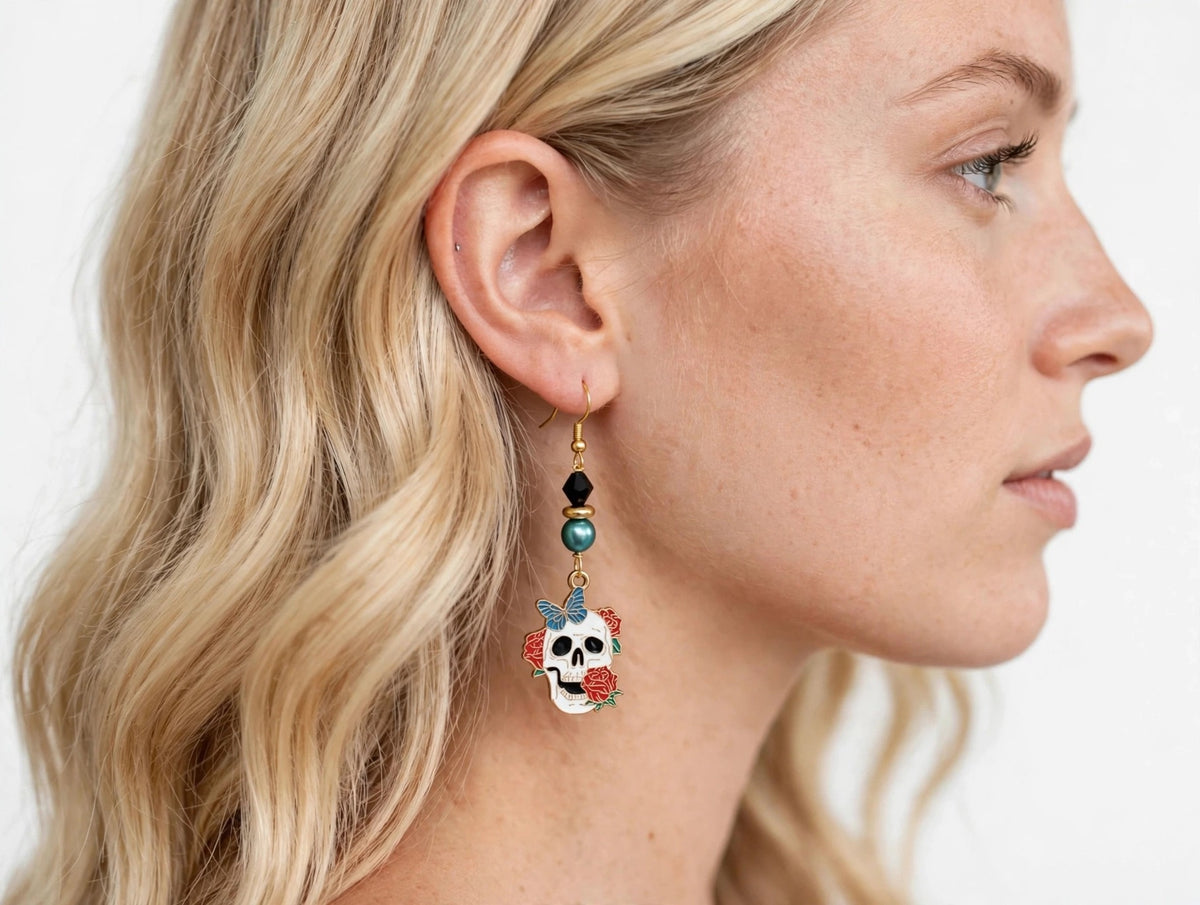 Butterfly Red Rose Sugar Skull Enamel Earrings - Elegant Dangle Jewelry