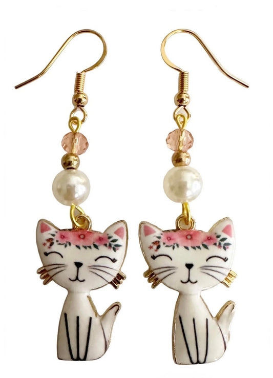 Whimsical Cute Cat Pearl Bead Enamel Earrings - Adorable Dangle Jewelry