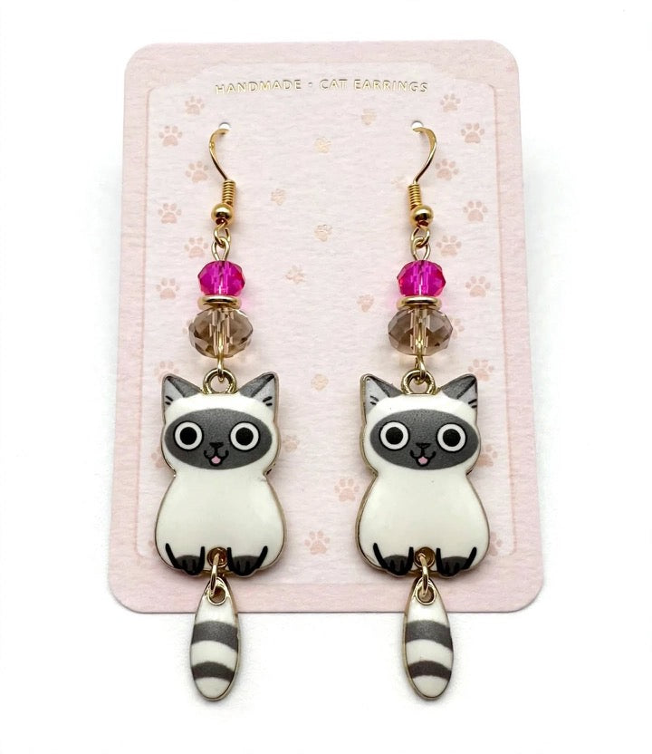 Swinging Cutie Kitty - Siamese Cat Enamel Earrings - Dangle Jewelry