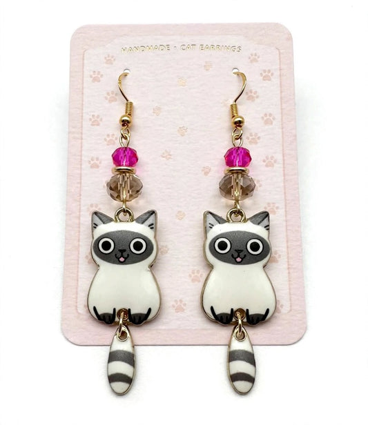 Swinging Cutie Kitty - Siamese Cat Enamel Earrings - Dangle Jewelry