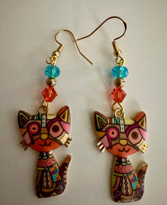Orange Colorful Cat Enamel Charm Earrings - Abstract Dangle Jewelry