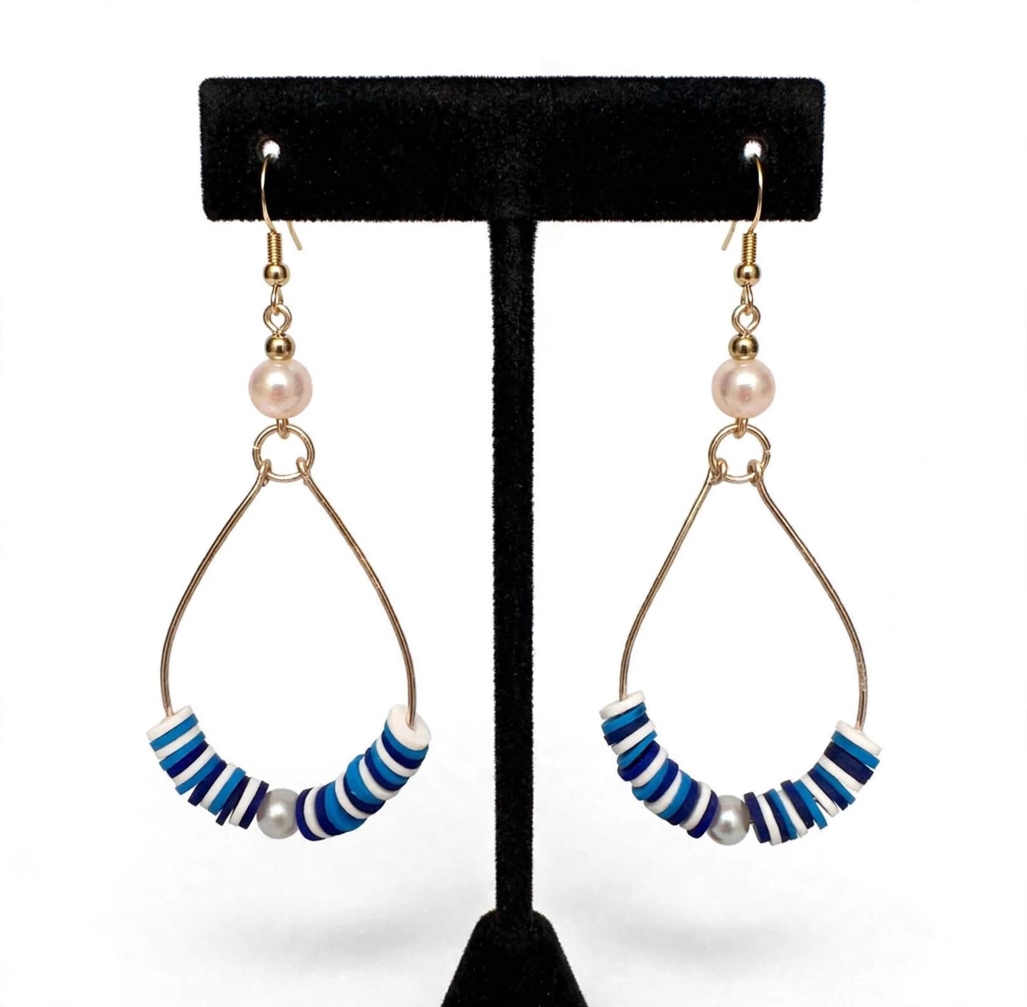 Blue & White Pearl Beaded Wire Metal Earrings - Fancy Teardrop Jewelry