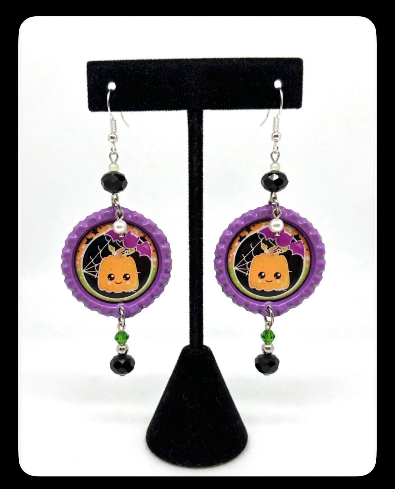 Halloween Cute Pumpkin & Bat Bottlecap Earrings - Adorable Dangle Jewelry