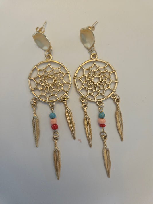 Golden Dreamcatcher Design Metal Earrings - Delicate Spiritual Jewelry