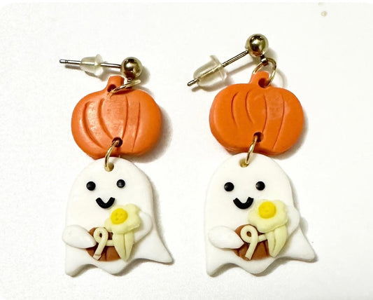Floral Pumpkin Ghost Clay & Resin Earrings - Festive Cute Dangle Jewelry
