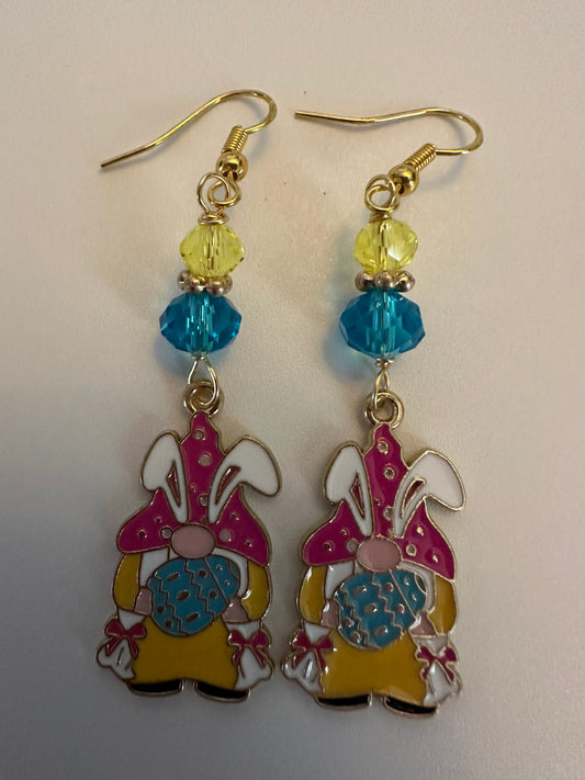 Easter Bunny Gnome Enamel Earrings - Springtime Dangle Jewelry