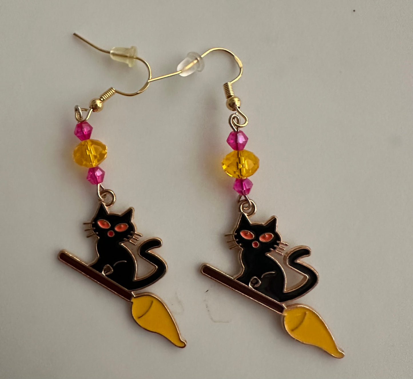 Black Cat on Broom Enamel Earrings - Halloween Dangle Jewelry