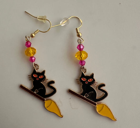 Black Cat on Broom Enamel Earrings - Halloween Dangle Jewelry