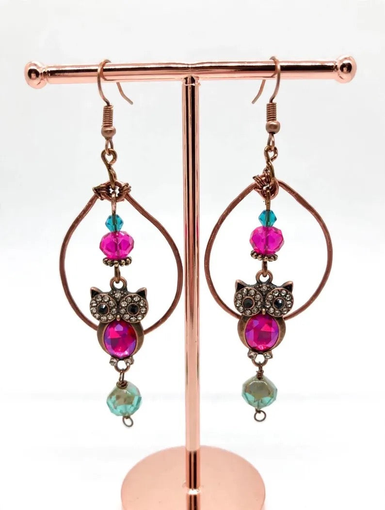 Rustic Copper Tone Owl Hoop Dangle Earrings Fuchsia Owl Dangle Hoop Earrings Fuchsia Rhinestone Charms