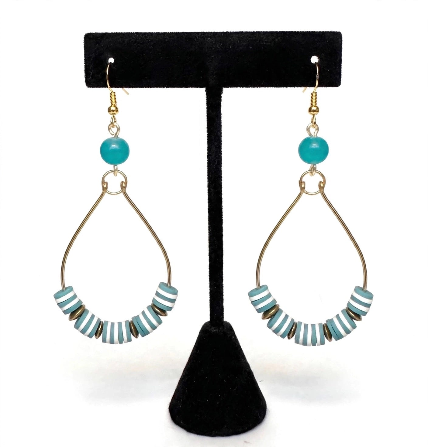 Blue & White Turquoise Beaded Wire Metal Earrings - Fancy Teardrop Jewelry