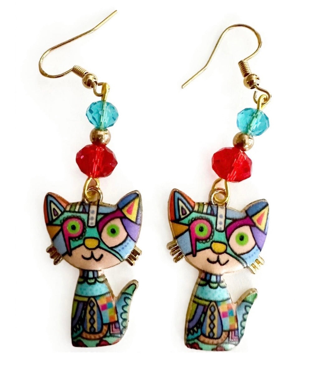 Blue Colorful Cat Enamel Charm Earrings - Abstract Dangle Jewelry