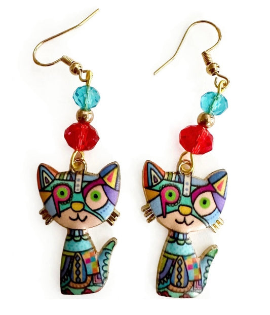 Blue Colorful Cat Enamel Charm Earrings - Abstract Dangle Jewelry