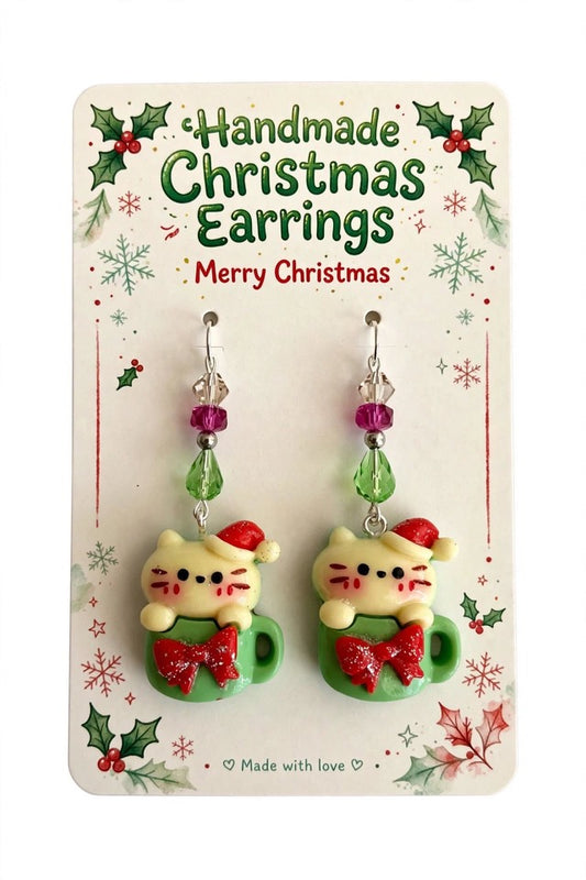 Festive Christmas Cat in Mug Earrings - Clay & Resin Holiday Jewelry