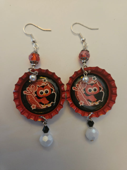 Delightfully Evil Owl Bottlecap Earrings - Cute Dangle Jewelry