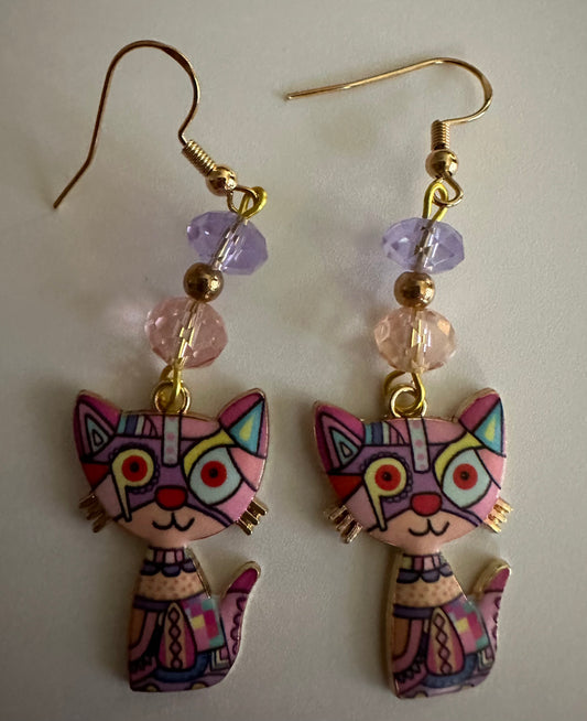 Pink Colorful Cat Enamel Charm Earrings - Abstract Dangle Jewelry