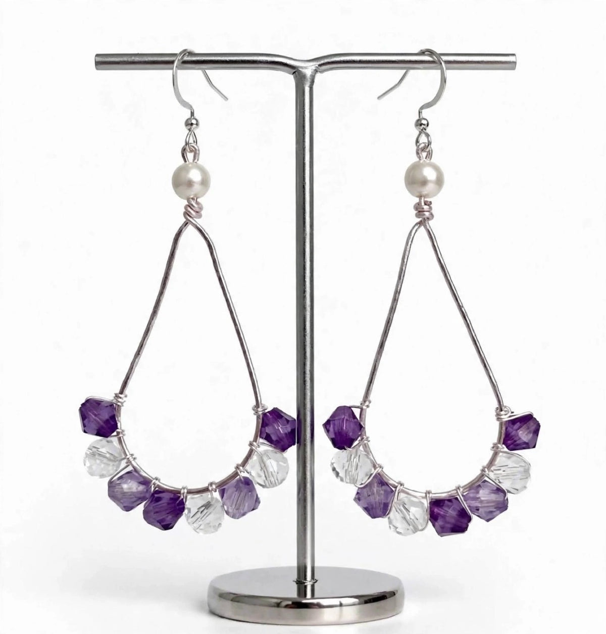 Crystal Beads Wire Frame Metal Earrings - Artisanal Teardrop Jewelry