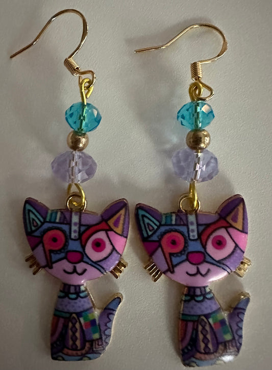Purple Colorful Cat Enamel Charm Earrings - Abstract Dangle Jewelry