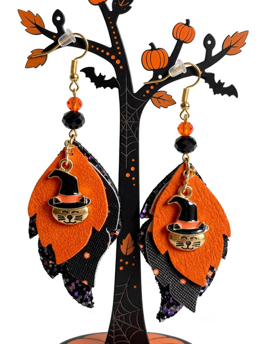 Halloween Witch Cat Faux Leather Enamel Charm Earrings - Spooky Cute Dangle Jewelry