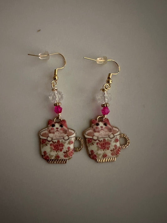 Cute Teacup Kitty Enamel Earrings - Adorable Floral Dangle Jewelry