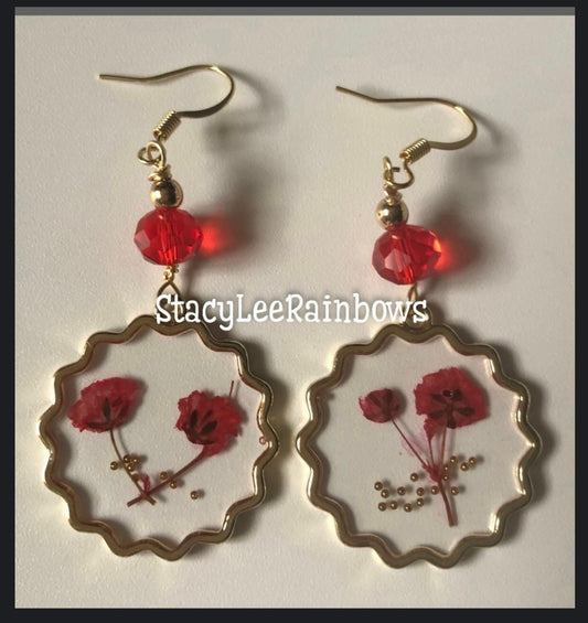 Red Flowers Resin Metal Earrings - Unique & Elegant Dangle Jewelry