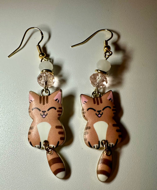 Swinging Cutie Kitty - Grinning Tabby Cat Enamel Earrings - Dangle Jewelry