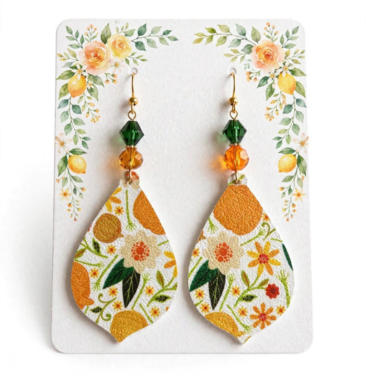 Floral Pattern Faux Leather Earrings - Delightful Teardrop Jewelry