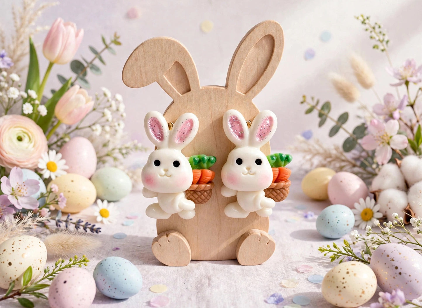 Bunny Carrot Basket Clay Resin Earrings - Easter Stud Jewelry