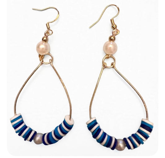Blue & White Pearl Beaded Wire Metal Earrings - Fancy Teardrop Jewelry