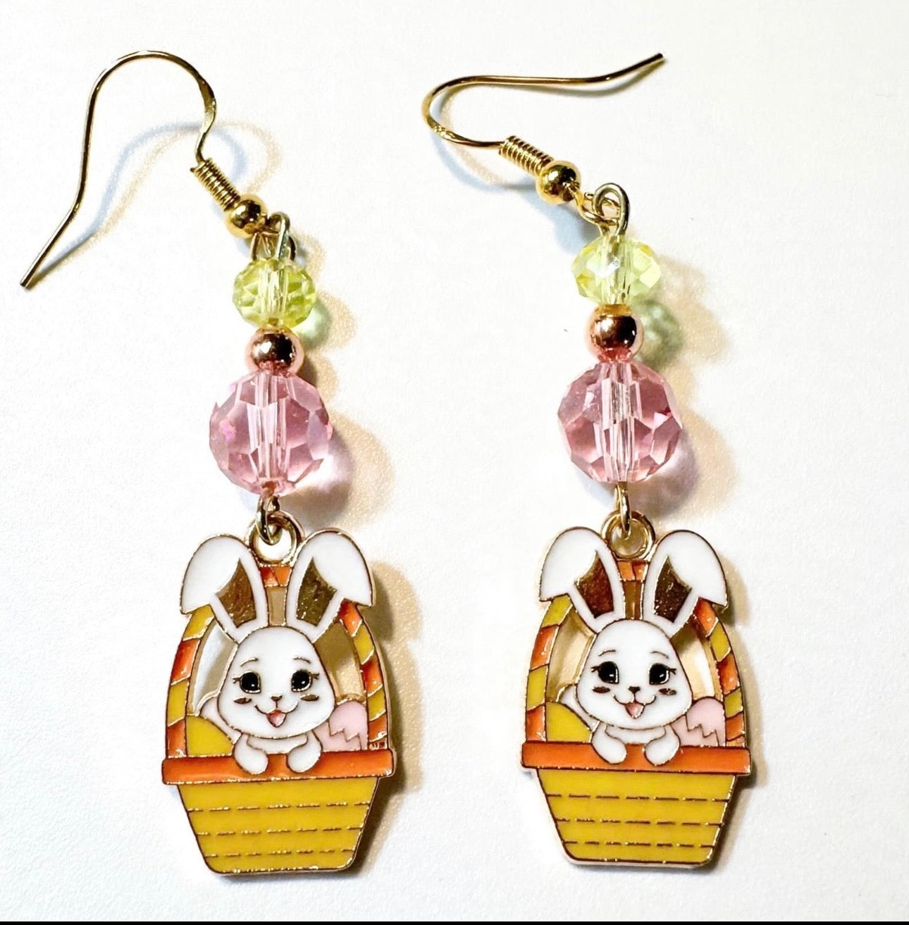 Adorable and sweet Easter Bunny Egg Basket Enamel Earrings - Cute Dangle Jewelry