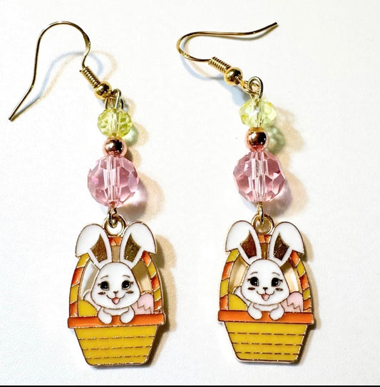 Adorable and sweet Easter Bunny Egg Basket Enamel Earrings - Cute Dangle Jewelry