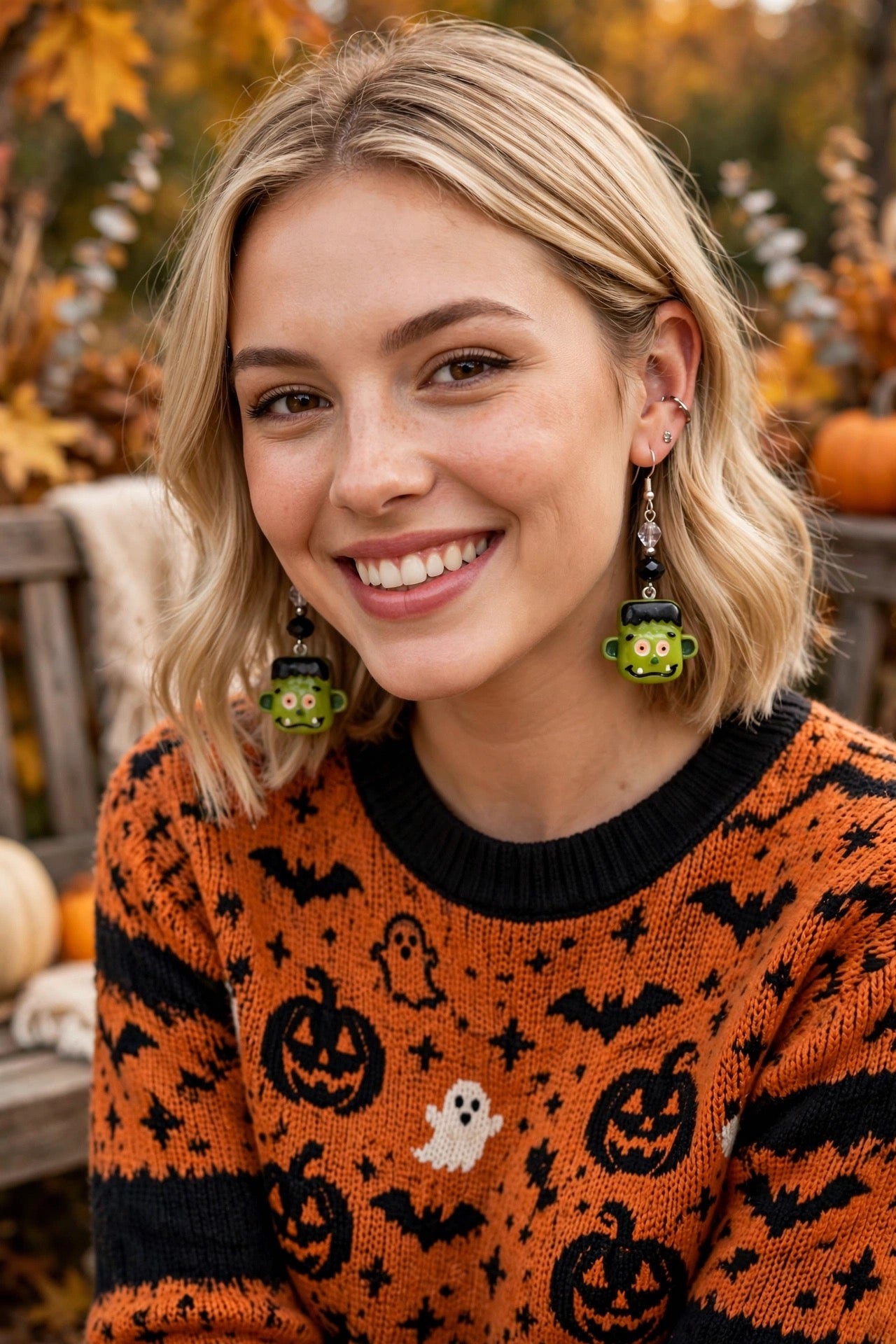 Handmade Frankenstein Head Clay & Resin Earrings - Cute Halloween Dangle Jewelry