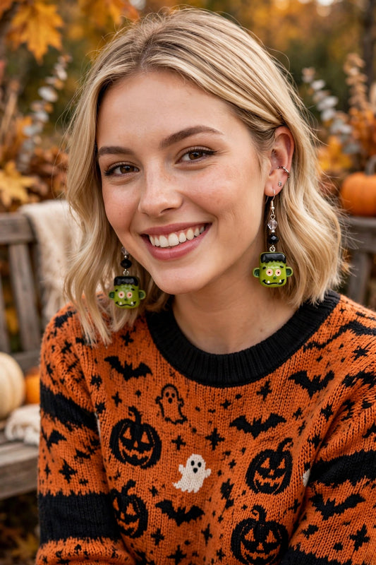 Handmade Frankenstein Head Clay & Resin Earrings - Cute Halloween Dangle Jewelry