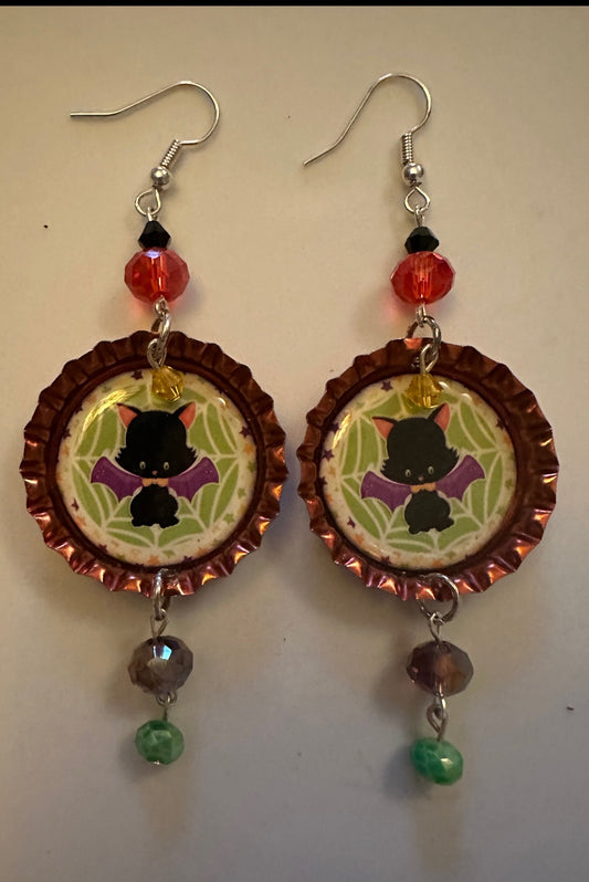 Halloween Bat Cat Bottlecap Earrings - Spooky Cute Dangle Jewelry