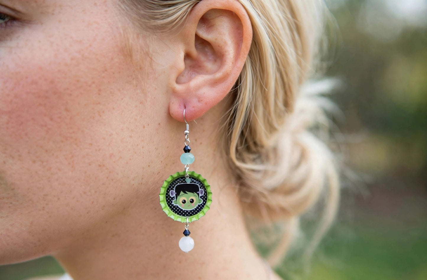 Super Kawaii Frankensteins Monster Bottlecap Earrings - Spooky Cute Dangle Jewelry