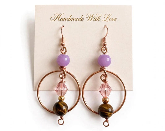 Boho Chic Earthy Hoop Beaded Earrings - Fancy Copper Dangle Jewelry