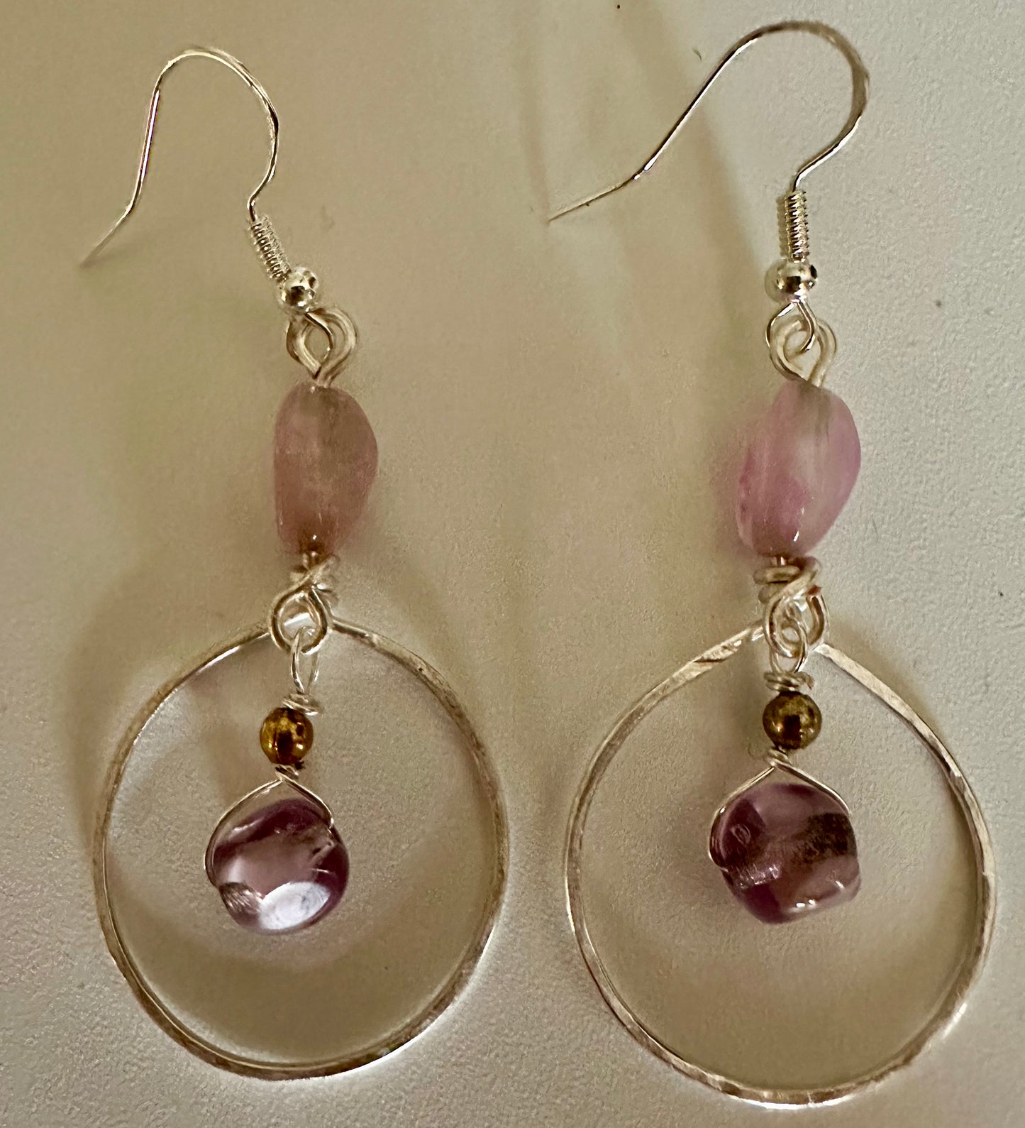 Pink & Purple Gemstone Metal Wire Earrings - Minimalist Dangle Jewelry
