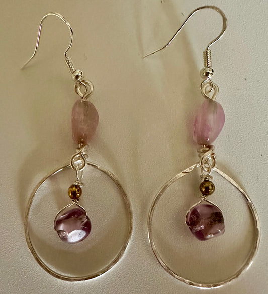 Pink & Purple Gemstone Metal Wire Earrings - Minimalist Dangle Jewelry
