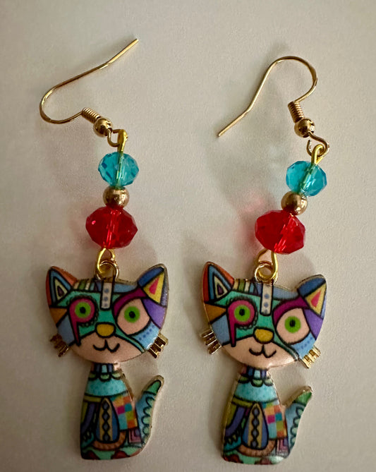 Blue Colorful Cat Enamel Charm Earrings - Abstract Dangle Jewelry